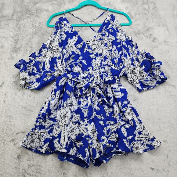 Bardot Sicily Romper Size 10 Cobalt Blue White Floral Ruffe Trim Cold Shoulder - Picture 1 of 9